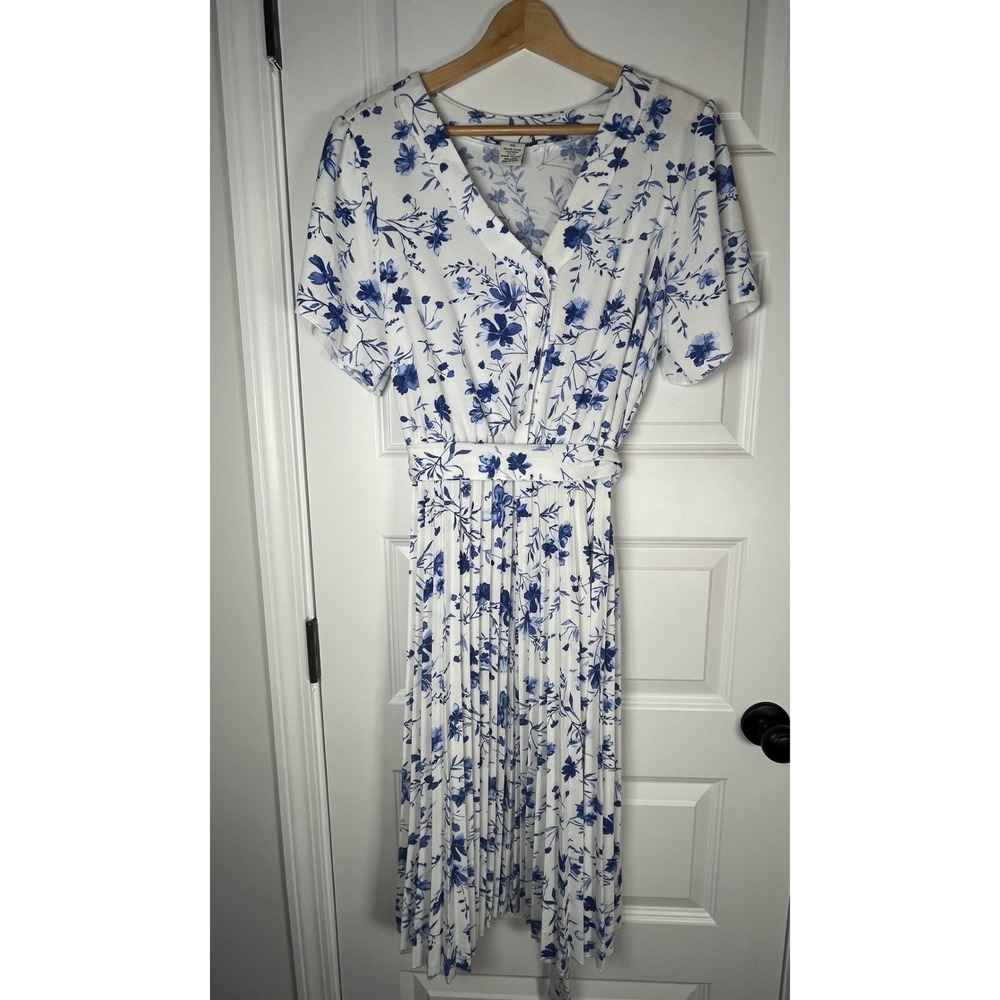 Ashley & Sage Blue White Floral Pleated Midi Dress V-Neck Belted 2XL BD1429P